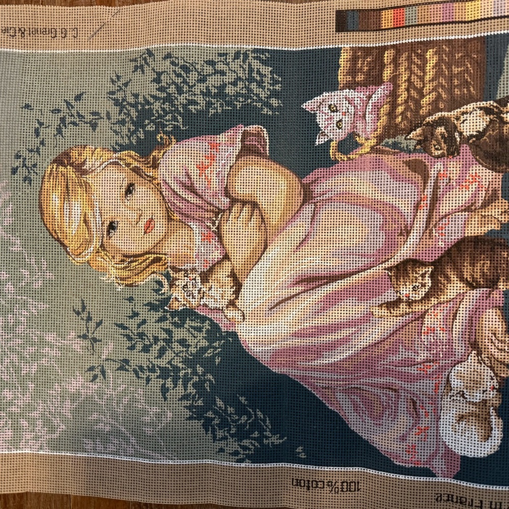 Pink Victorian-Style Needlepoint Girl with Kittens — Hand Embroidery Art
